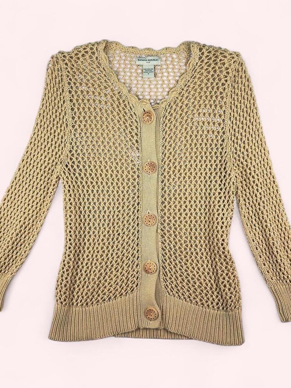 Tan open knit cardigan with wooden buttons